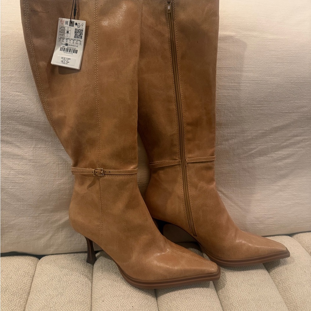 Zara Elegant Tan Leather Knee-High Boots